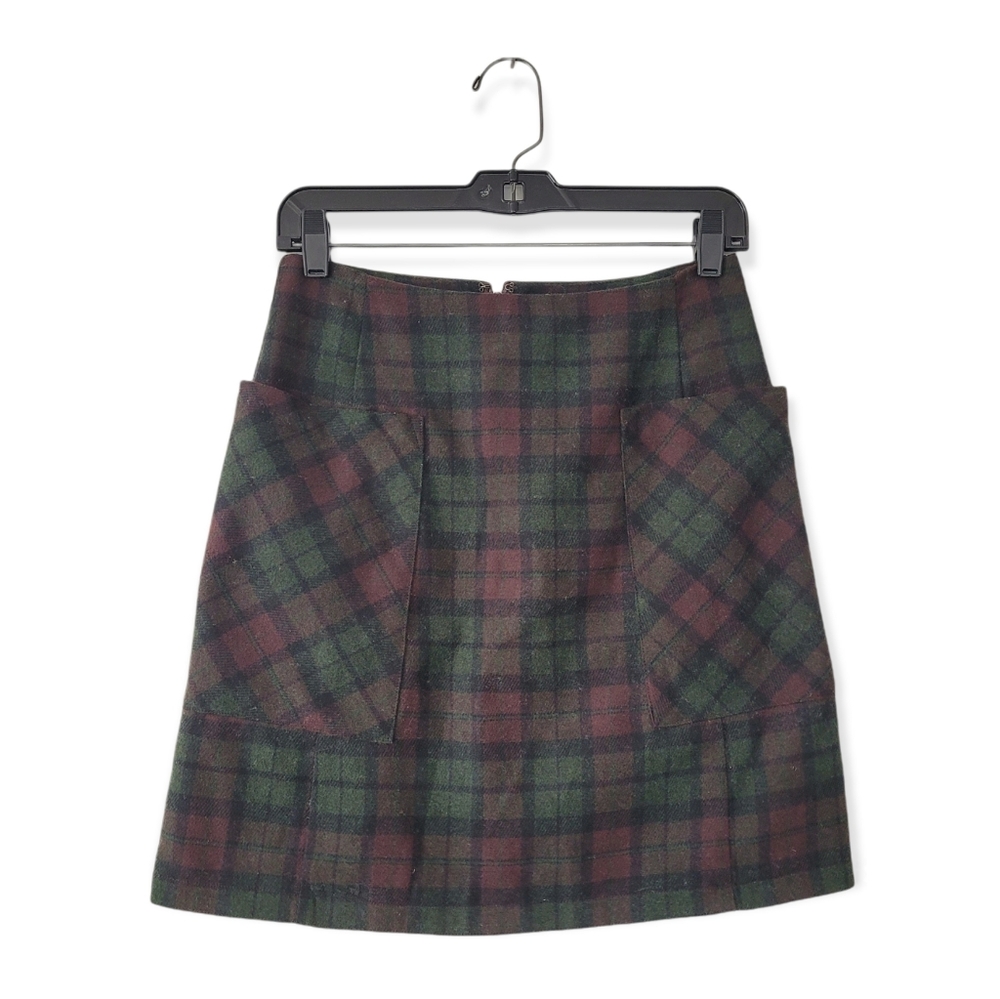 Festive Green & Brown Plaid Mini Skirt w/Big Side Pockets